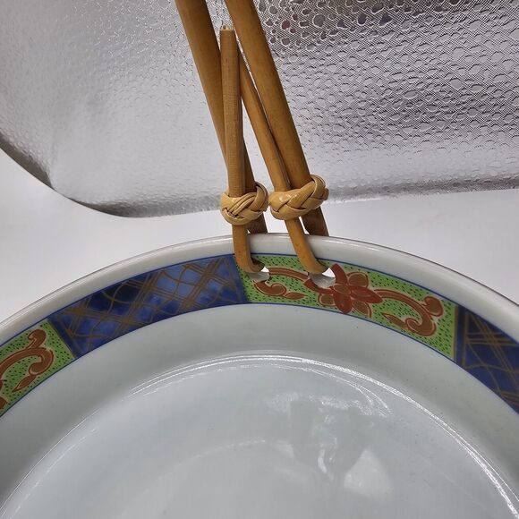 Vintage Takahashi Bowl Dish Bamboo Handles Japan Asian Ceramic Red Blue Floral - Picture 7 of 12